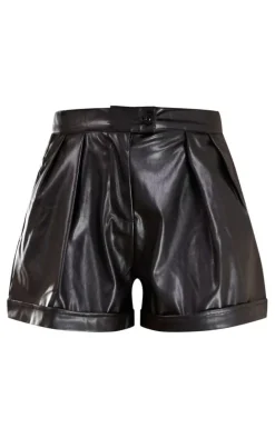 Black Faux Leather Pleat Detail Shorts