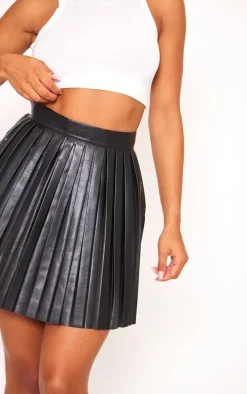 Black Faux Leather Pleated Skater Skirt