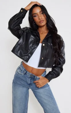Black Faux Leather Pocket Detail Oversized Cropped Jacket