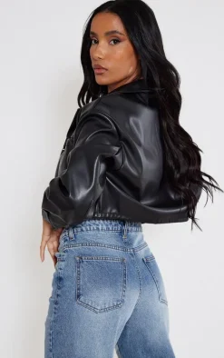 Black Faux Leather Pocket Detail Oversized Cropped Jacket