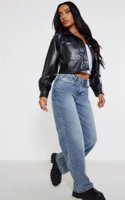 Black Faux Leather Pocket Detail Oversized Cropped Jacket