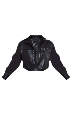 Black Faux Leather Pocket Detail Oversized Cropped Jacket