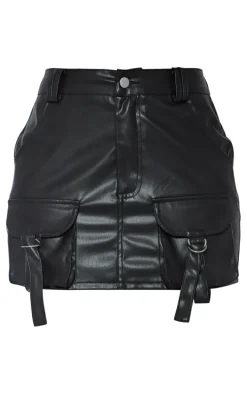 Black Faux Leather Pocket Detail Cargo Mini Skirt