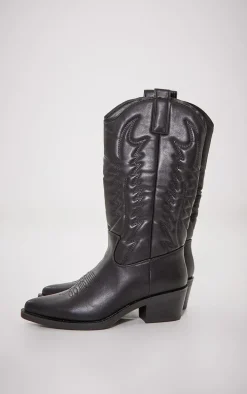 Black Faux Leather Point Toe Knee High Western Boots