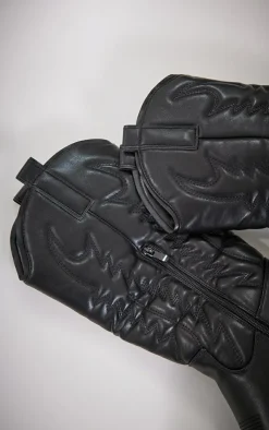 Black Faux Leather Point Toe Knee High Western Boots