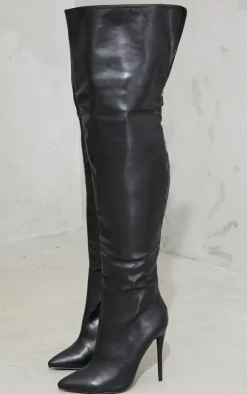 Black Faux Leather Pointed High Heel Over The Knee Boots