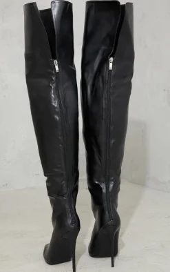 Black Faux Leather Pointed High Heel Over The Knee Boots