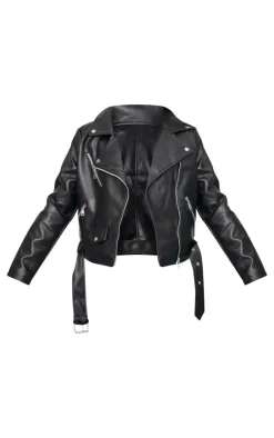 Black Faux Leather Regular Fit Belted Biker Jacket