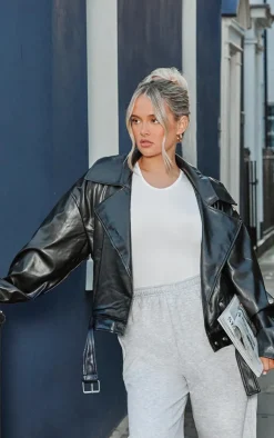 Black Faux Leather Relaxed Fit Belted Biker Jacket