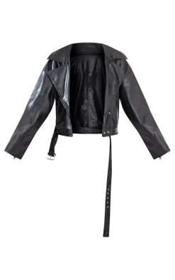 Black Faux Leather Relaxed Fit Belted Biker Jacket