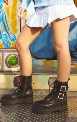 Black Faux Leather Round Diamante Buckle Chunky Lace Up Ankle Boots