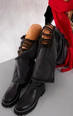 Black Faux Leather Round Diamante Chunky Ankle Sock Boots