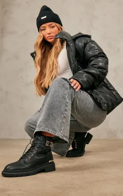 Black Faux Leather Round Toe Gold Detail Lace Up Ankle Boots