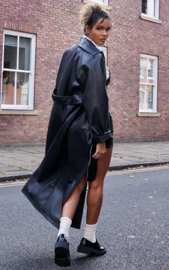 Black Faux Leather Rounded Shoulder Belted Maxi Trench Coat