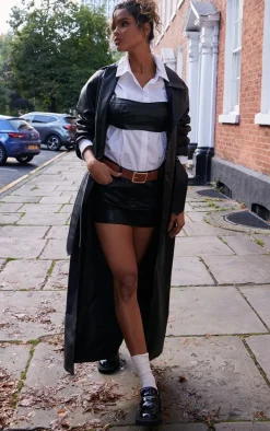 Black Faux Leather Rounded Shoulder Belted Maxi Trench Coat