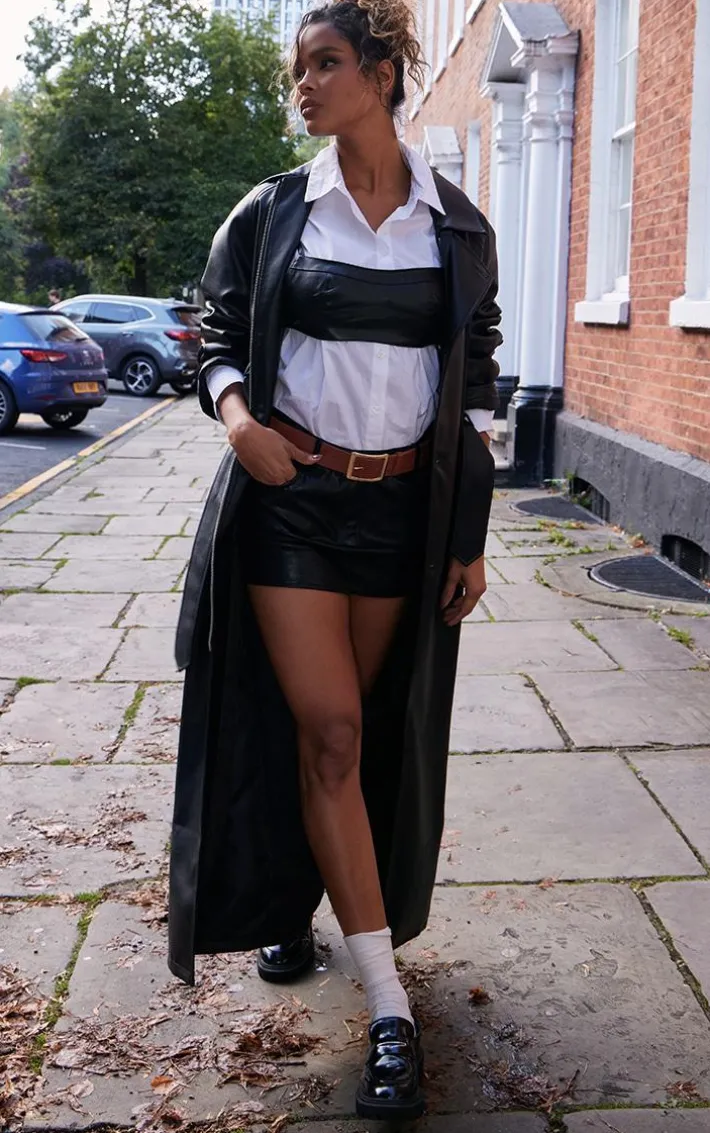 Black Faux Leather Rounded Shoulder Belted Maxi Trench Coat