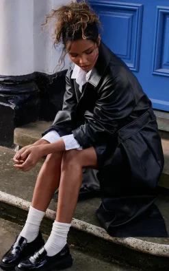 Black Faux Leather Rounded Shoulder Belted Maxi Trench Coat