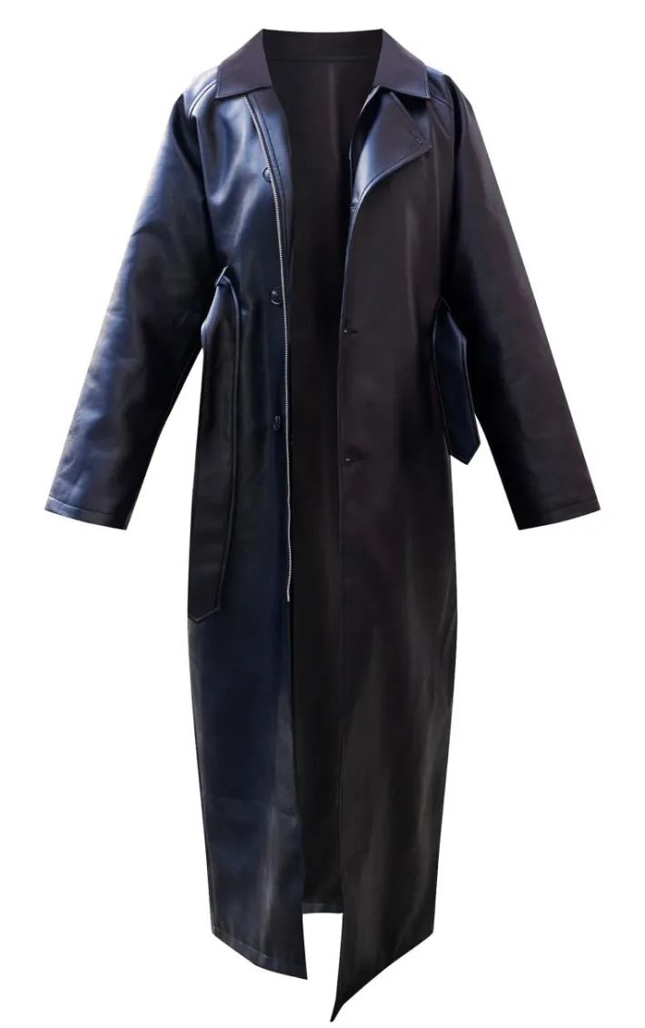 Black Faux Leather Rounded Shoulder Belted Maxi Trench Coat