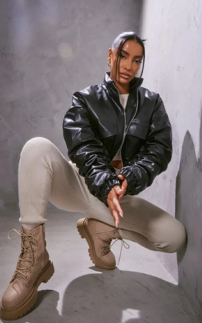 Black Faux Leather Ruched Sleeve Cropped Bomber Jacket