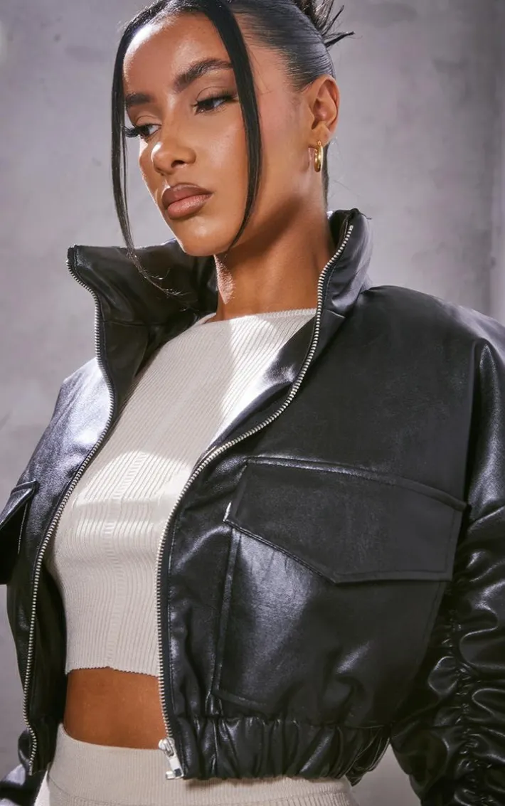 Black Faux Leather Ruched Sleeve Cropped Bomber Jacket