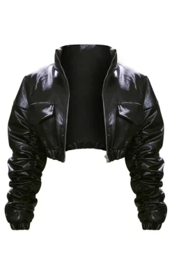 Black Faux Leather Ruched Sleeve Cropped Bomber Jacket