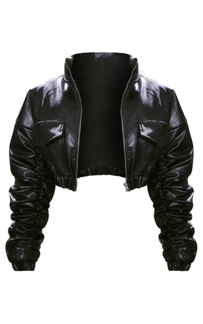 Black Faux Leather Ruched Sleeve Cropped Bomber Jacket
