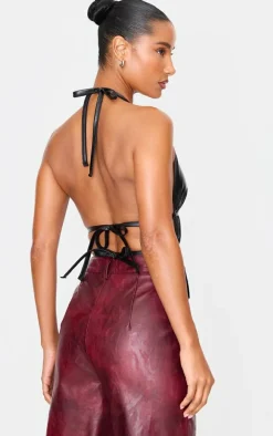 Black Faux Leather Ruched Halterneck Long Top