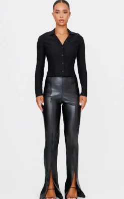 Black Faux Leather Seam Detail Split Hem Pants