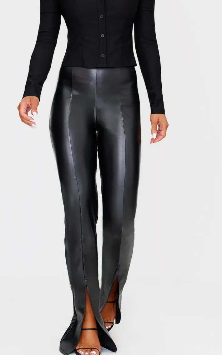 Black Faux Leather Seam Detail Split Hem Pants