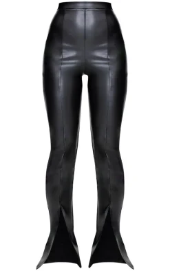 Black Faux Leather Seam Detail Split Hem Pants