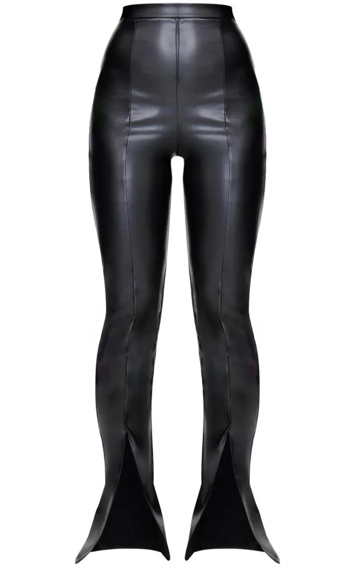 Black Faux Leather Seam Detail Split Hem Pants