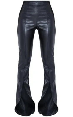 Black Faux Leather Seam Detail Split Hem Pants
