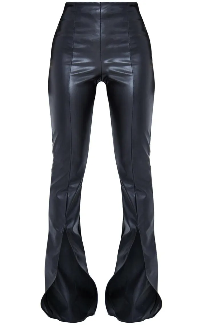 Black Faux Leather Seam Detail Split Hem Pants