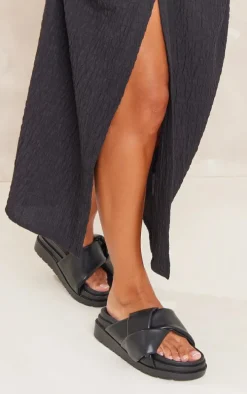 Black Faux Leather Skinny Strap Chunky Sole Sandals