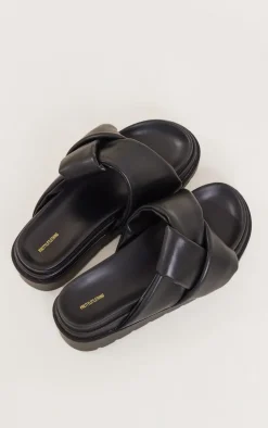 Black Faux Leather Skinny Strap Chunky Sole Sandals