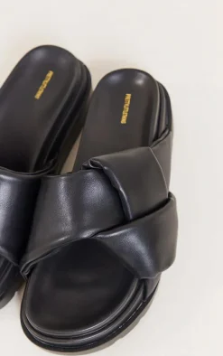 Black Faux Leather Skinny Strap Chunky Sole Sandals