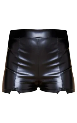 Black Faux Leather Split Hem Seam Front Shorts
