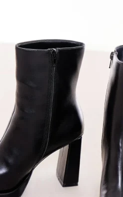 Black Faux Leather Square Toe Block Heeled Ankle Boots