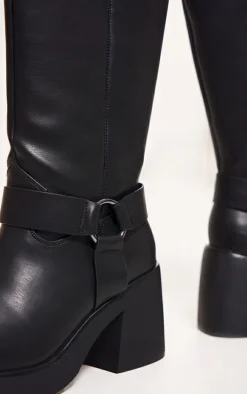 Black Faux Leather Square Toe Buckle Chunky Heeled Thigh High Boots