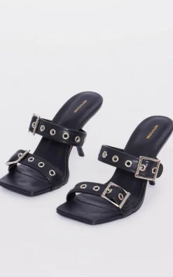 Black Faux Leather Square Toe Double Buckle Mid Heeled Mules