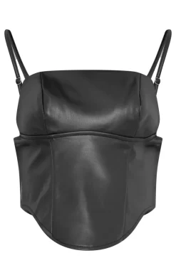 Black Faux Leather Strap Back Detail Dip Hem Corset