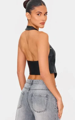 Black Faux Leather Studded Halter Neck Crop Top