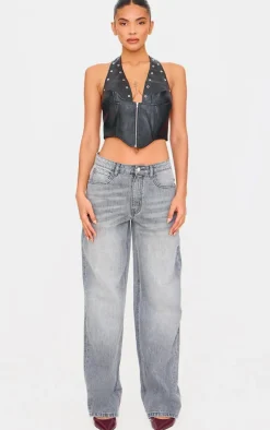 Black Faux Leather Studded Halter Neck Crop Top