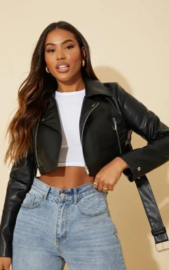 Black Faux Leather Super Cropped Belted Biker Jacket