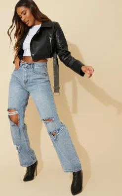 Black Faux Leather Super Cropped Belted Biker Jacket