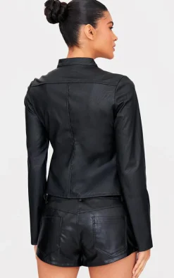 Black Faux Leather Tie Front Fitted Blouse