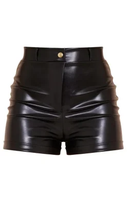Black Faux Leather Turn Up Hem Hot Pants