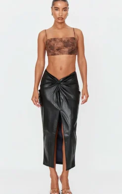 Black Faux Leather Twist Detail Front Midi Skirt