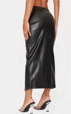 Black Faux Leather Twist Detail Front Midi Skirt
