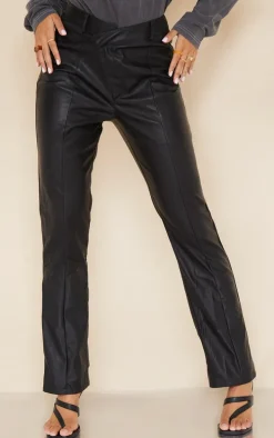 Black Faux Leather V Front Straight Leg Pants